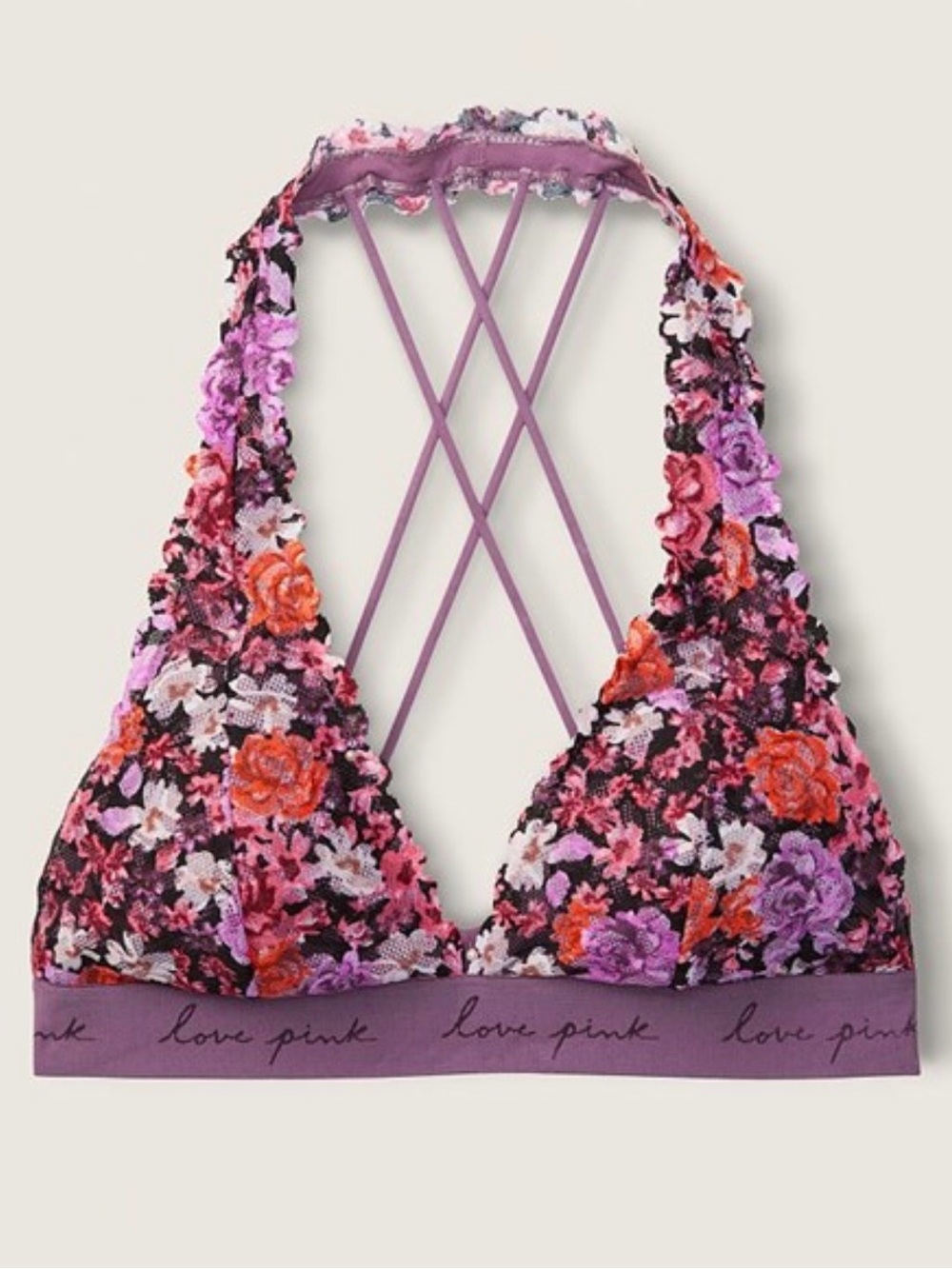 PINK Victoria’s Secret Floral Lace Bralette Large Purple Strappy Back NWT